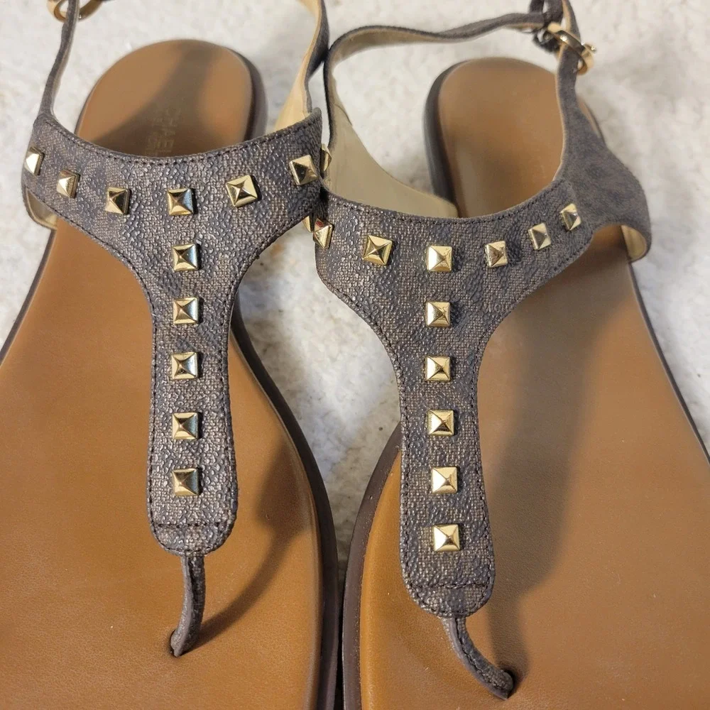 Michael Kors Women's 11M Studded Thong Sandals Brown Gold‎ Logo Strap Flat...